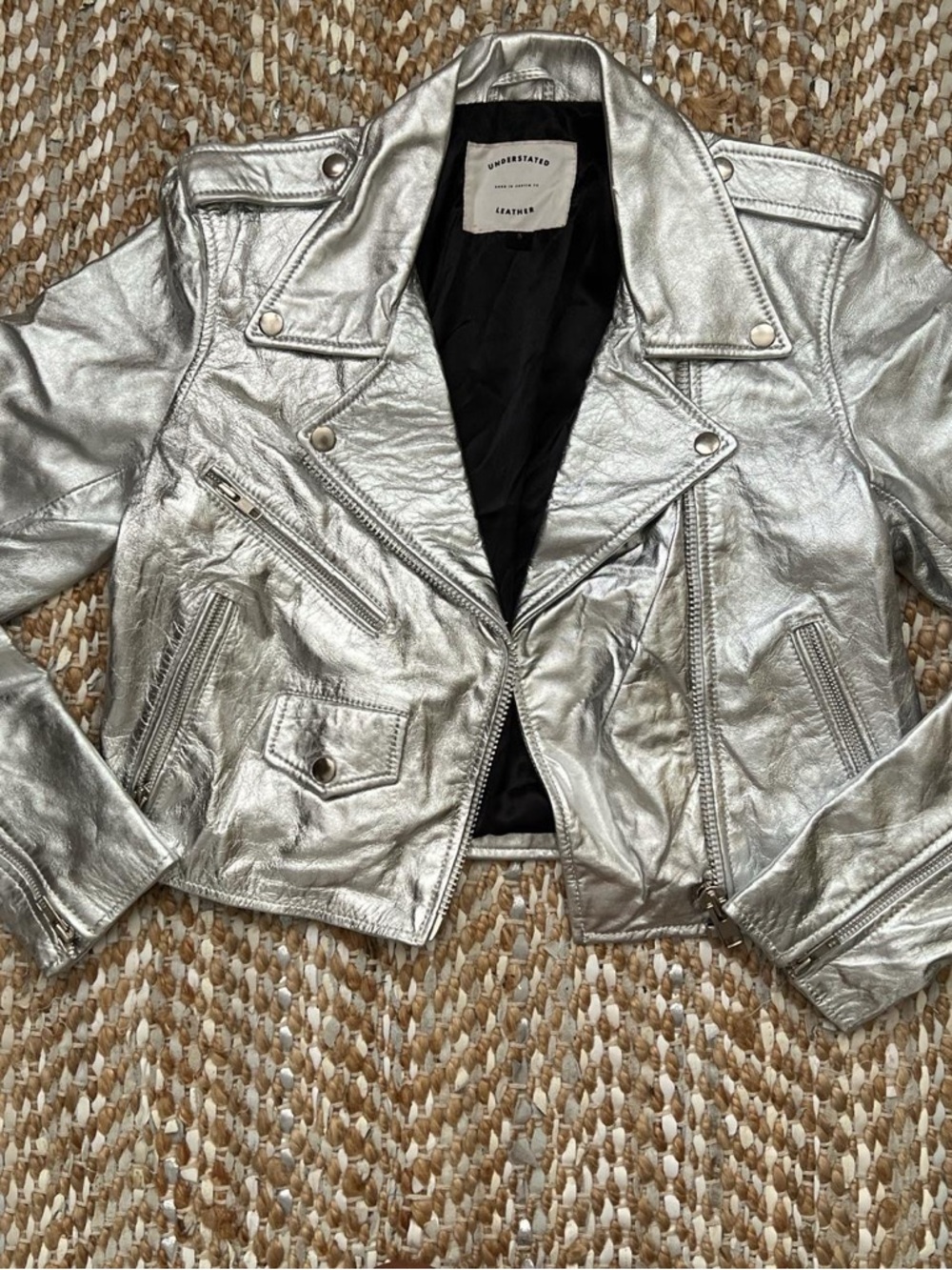 Metallic Silver Leather Moto Jacket - Unbranded